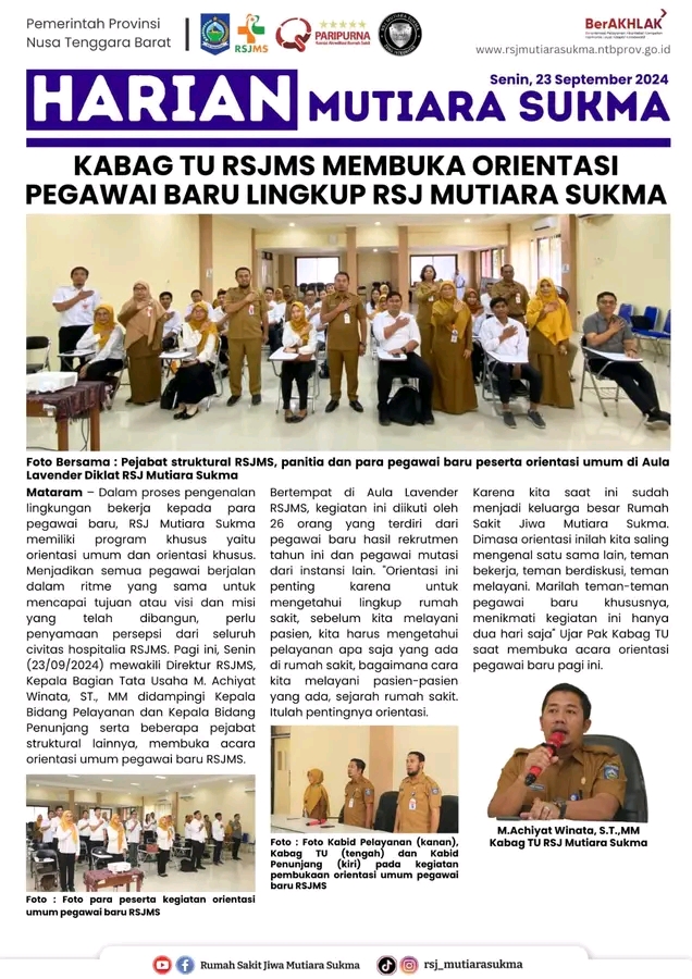 KABAG TU RSJMS MEMBUKA ORIENTASI PEGAWAI BARU LINGKUP RSJ MUTIARA SUKMA